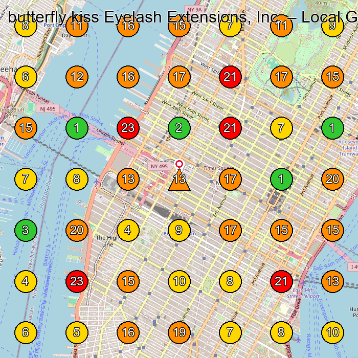 butterfly kiss Eyelash Extensions, Inc. Beauty Salon GeoGrid ranking map for New York NY